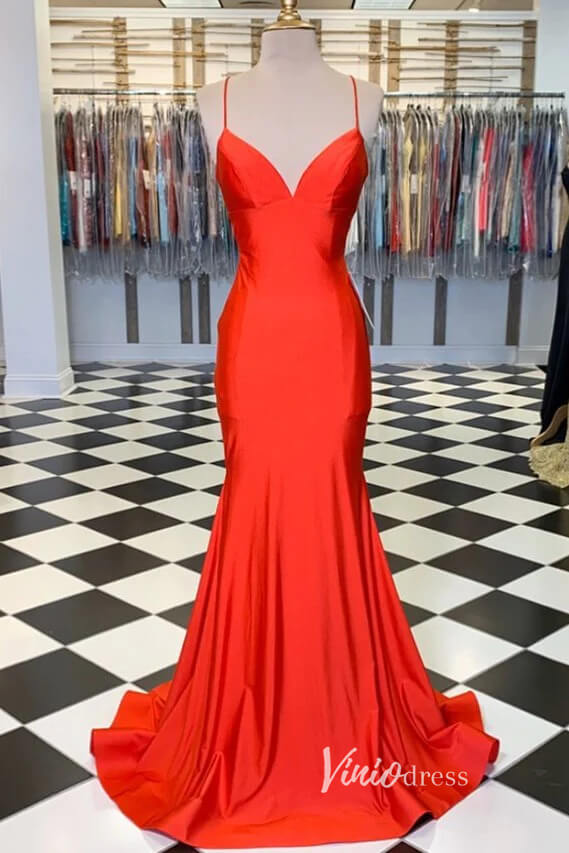 Red Satin Prom Dresses Mermaid Spaghetti Strap Formal Gown FD3287