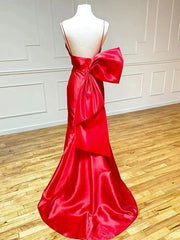 Red Satin Sheath Prom Dresses 2025 with Spaghetti Strap, Sweetheart Neck & Bow Tie – FD5065