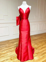 Red Satin Sheath Prom Dresses 2025 with Spaghetti Strap, Sweetheart Neck & Bow Tie – FD5065