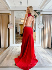 Red Satin Sheath Prom Dresses with Slit, V-Neck & Beaded Waistline - FD6032