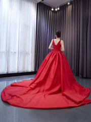 Red Satin Wedding Dress with Chapel Train V-Neck Ball Gown 241068