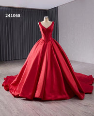 Red Satin Wedding Dress with Chapel Train V-Neck Ball Gown 241068