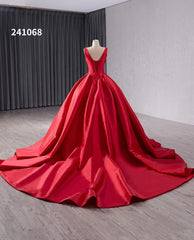 Red Satin Wedding Dress with Chapel Train V-Neck Ball Gown 241068