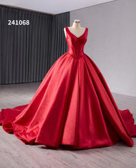 Red Satin Wedding Dress with Chapel Train V-Neck Ball Gown 241068