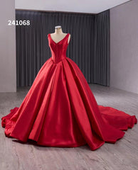 Red Satin Wedding Dress with Chapel Train V-Neck Ball Gown 241068
