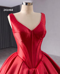 Red Satin Wedding Dress with Chapel Train V-Neck Ball Gown 241068