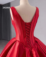 Red Satin Wedding Dress with Chapel Train V-Neck Ball Gown 241068