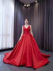 Red Satin Wedding Dress with Chapel Train V-Neck Ball Gown 241068
