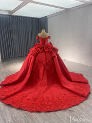 Red Satin Wedding Gown Off the Shoulder 3D Flower Quinceanera Dress 241123