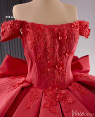 Red Satin Wedding Gown Off the Shoulder 3D Flower Quinceanera Dress 241123