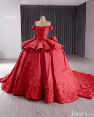 Red Satin Wedding Gown Off the Shoulder 3D Flower Quinceanera Dress 241123