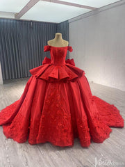 Red Satin Wedding Gown Off the Shoulder 3D Flower Quinceanera Dress 241123