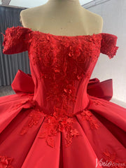 Red Satin Wedding Gown Off the Shoulder 3D Flower Quinceanera Dress 241123