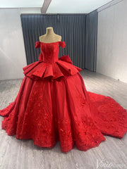Red Satin Wedding Gown Off the Shoulder 3D Flower Quinceanera Dress 241123