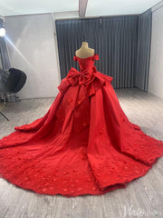 Red Satin Wedding Gown Off the Shoulder 3D Flower Quinceanera Dress 241123