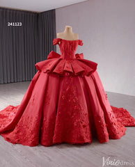 Red Satin Wedding Gown Off the Shoulder 3D Flower Quinceanera Dress 241123