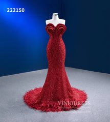Red Sequin Pageant Dresses Strapless Mermaid Evening Gown 222150