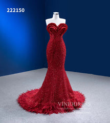 Red Sequin Pageant Dresses Strapless Mermaid Evening Gown 222150