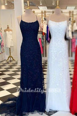 Red Spaghetti Strap Mermaid Prom Dresses with Lace Appliques Backless Formal Dress