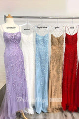 Red Spaghetti Strap Mermaid Prom Dresses with Lace Appliques Backless Formal Dress