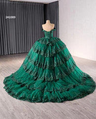 Red Sparkly Lace Applique Tiered Wedding Gowns Off the Shoulder Quince Dress 241089
