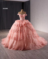 Red Sparkly Lace Applique Tiered Wedding Gowns Off the Shoulder Quince Dress 241089