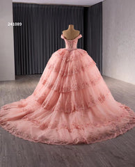 Red Sparkly Lace Applique Tiered Wedding Gowns Off the Shoulder Quince Dress 241089