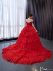 Red Sparkly Lace Applique Tiered Wedding Gowns Off the Shoulder Quince Dress 241089