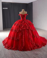 Red Sparkly Lace Applique Tiered Wedding Gowns Off the Shoulder Quince Dress 241089