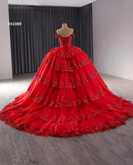 Red Sparkly Lace Applique Tiered Wedding Gowns Off the Shoulder Quince Dress 241089
