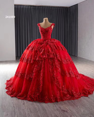 Red Sparkly Lace Applique Tiered Wedding Gowns Off the Shoulder Quince Dress 241089