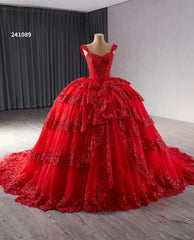 Red Sparkly Lace Applique Tiered Wedding Gowns Off the Shoulder Quince Dress 241089