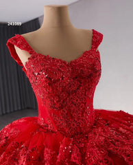 Red Sparkly Lace Applique Tiered Wedding Gowns Off the Shoulder Quince Dress 241089