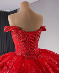 Red Sparkly Lace Applique Tiered Wedding Gowns Off the Shoulder Quince Dress 241089