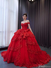 Red Sparkly Lace Applique Tiered Wedding Gowns Off the Shoulder Quince Dress 241089