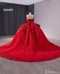 Red Sparkly Lace Applique Wedding Gown Overskirt Off the Shoulder Quinceanera Dress 241047