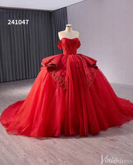 Red Sparkly Lace Applique Wedding Gown Overskirt Off the Shoulder Quinceanera Dress 241047