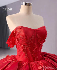 Red Sparkly Lace Applique Wedding Gown Overskirt Off the Shoulder Quinceanera Dress 241047