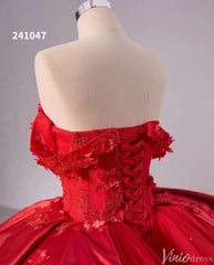 Red Sparkly Lace Applique Wedding Gown Overskirt Off the Shoulder Quinceanera Dress 241047