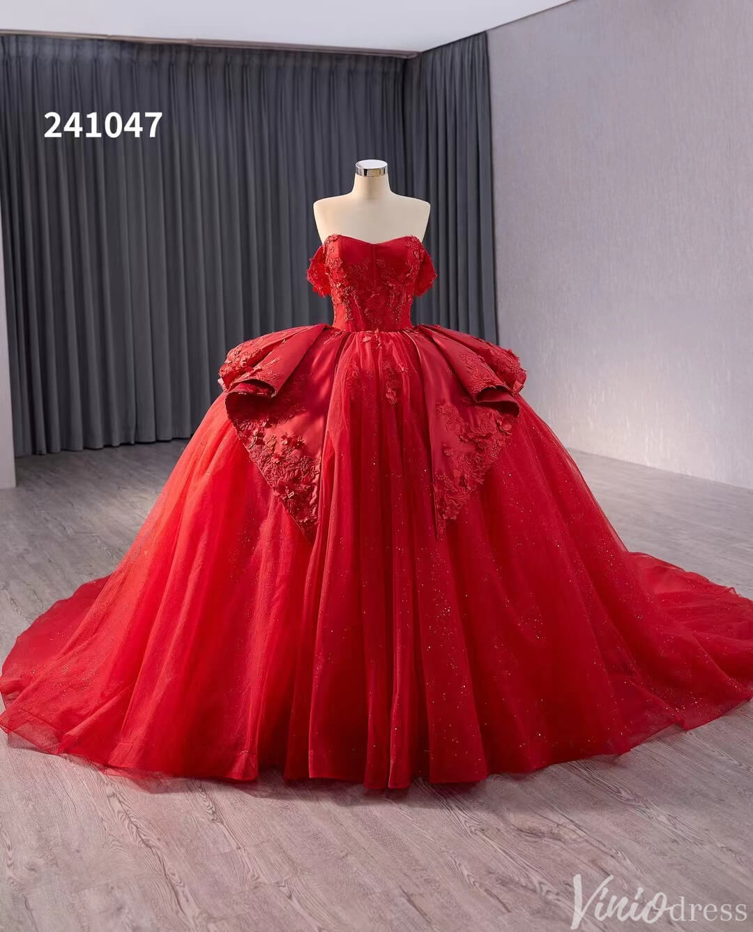 Red Sparkly Lace Applique Wedding Gown Overskirt Off the Shoulder Quinceanera Dress 241047