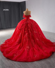 Red Sparkly Lace Applique Wedding Gowns Off the Shoulder Beaded Quince Dress 241081
