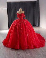 Red Sparkly Lace Applique Wedding Gowns Off the Shoulder Beaded Quince Dress 241081