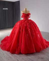 Red Sparkly Lace Applique Wedding Gowns Off the Shoulder Beaded Quince Dress 241081