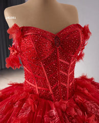 Red Sparkly Lace Applique Wedding Gowns Off the Shoulder Beaded Quince Dress 241081