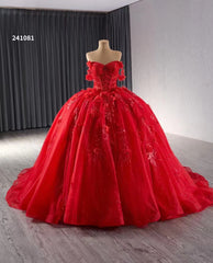 Red Sparkly Lace Applique Wedding Gowns Off the Shoulder Beaded Quince Dress 241081