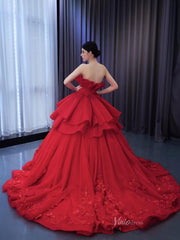 Red Strapless Sweet 16 Ball Gowns Ruffled Wedding Dresses with Flowers 231054