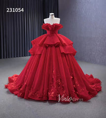 Red Strapless Sweet 16 Ball Gowns Ruffled Wedding Dresses with Flowers 231054