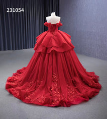 Red Strapless Sweet 16 Ball Gowns Ruffled Wedding Dresses with Flowers 231054