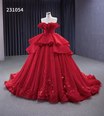 Red Strapless Sweet 16 Ball Gowns Ruffled Wedding Dresses with Flowers 231054