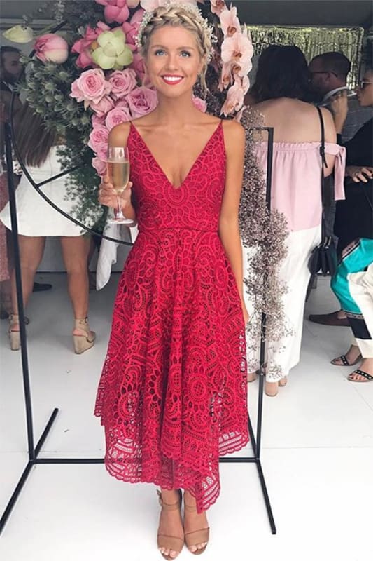 Red V Neck Asymmetrical Prom Dress A Line Lace Party Bridesmaid Dress